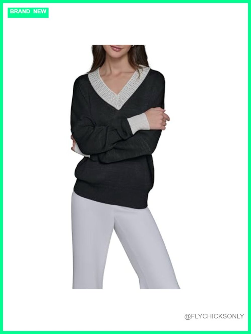 Low V-Neck Sweater Long Sleeve Pullover Ribbed Trim